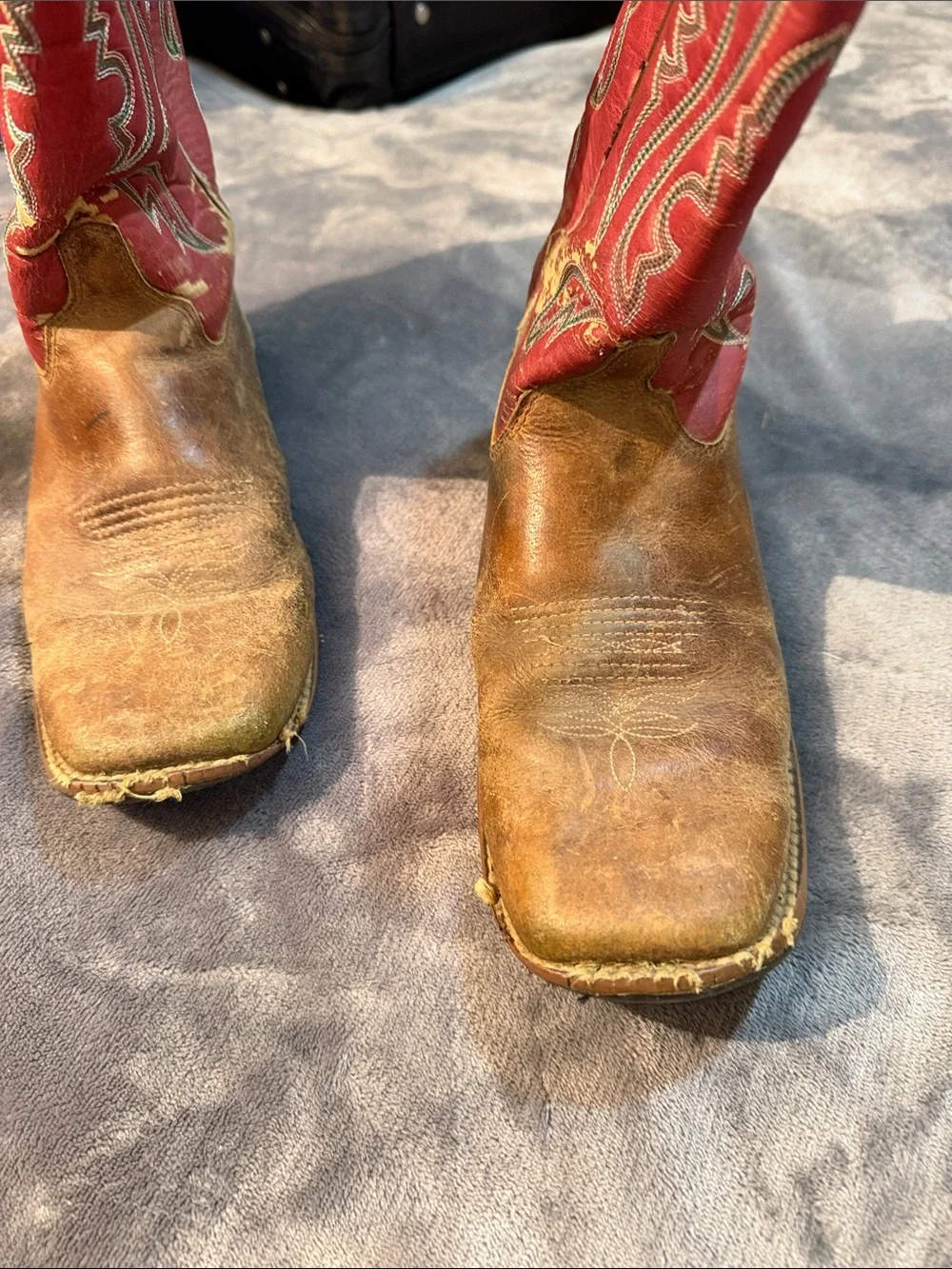 Worn Justin Boots Kids Red and Brown Western Pull-On Cowboy Boots